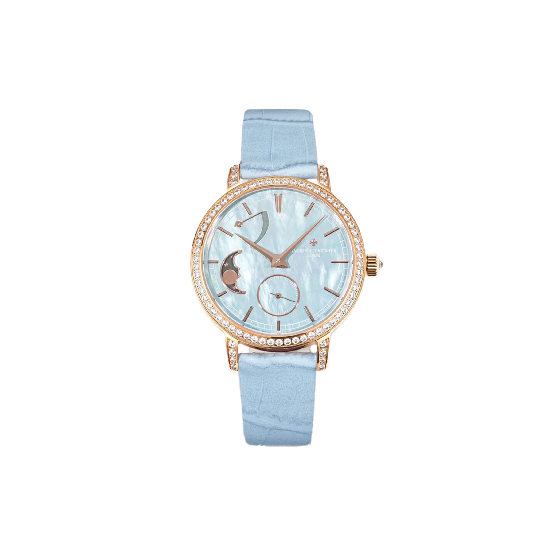 VACHERON CONSTANTIN TRADITIONELLE MOON PHASE BLUE MOP DIAL WITH DIAMOND BEZEL IN PINK GOLD ON BLUE LEATHER STRAP WATCH 83570/000R-9915